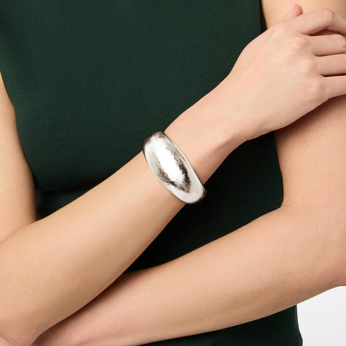 Silver plate statement bangle with spring hinge closure