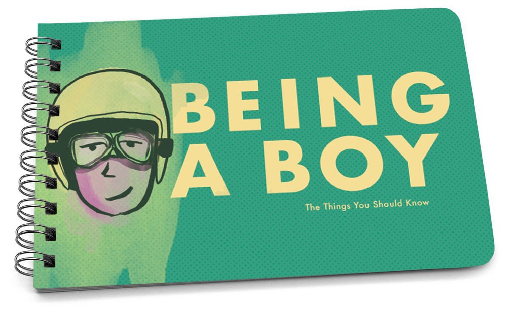 Being a Boy Handbook with a cartoon boy wearing a helmet and goggles on a green background.