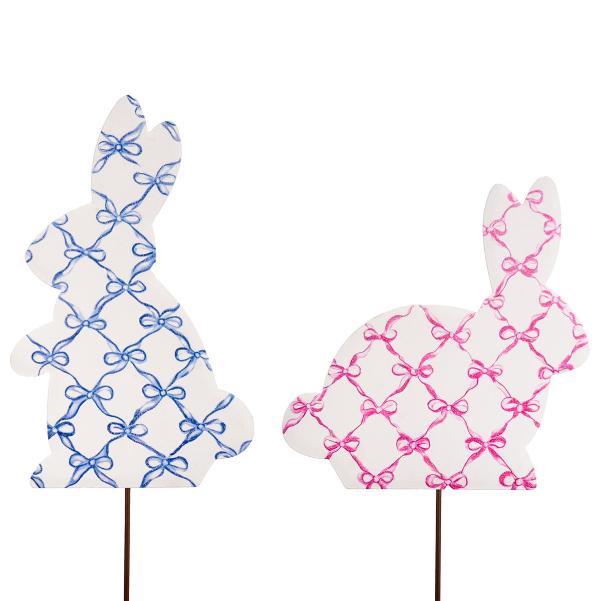 Bowtiful Bunnies easel stand featuring a white bunny silhouette with pink bow accents on a light background.