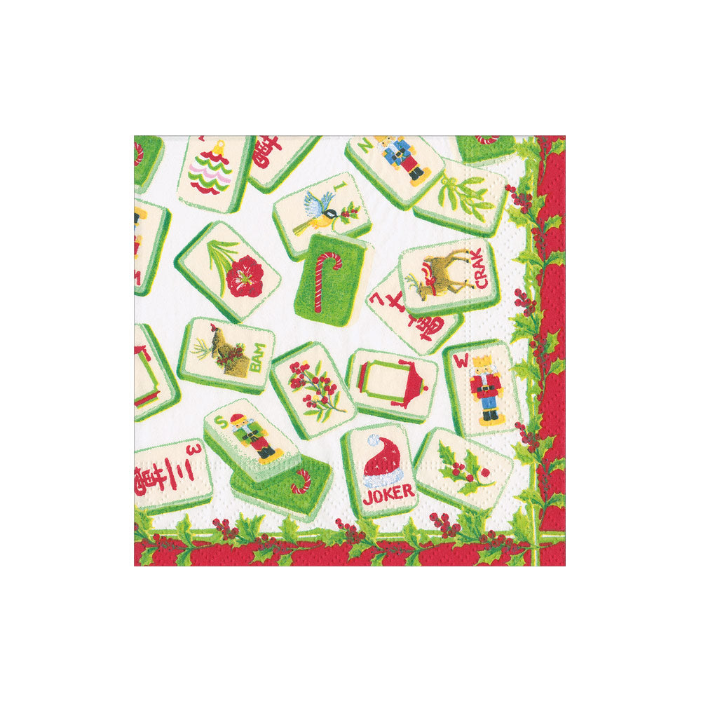 Christmas Mahjong Cocktail Napkin featuring festive holiday-themed mahjong tiles and holly borders.