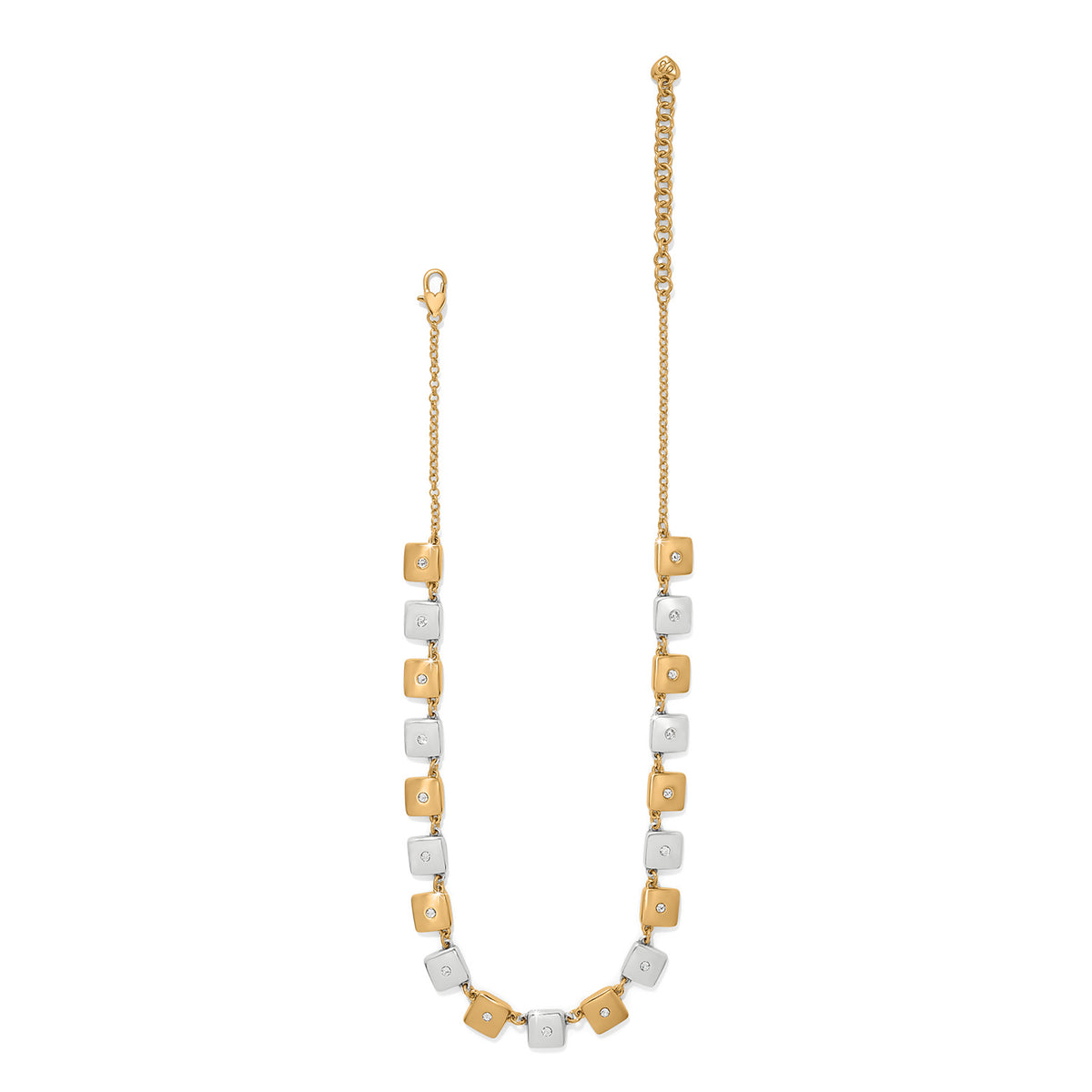 Meridian Etage two-tone necklace with alternating silver and gold square steps and crystal accents.