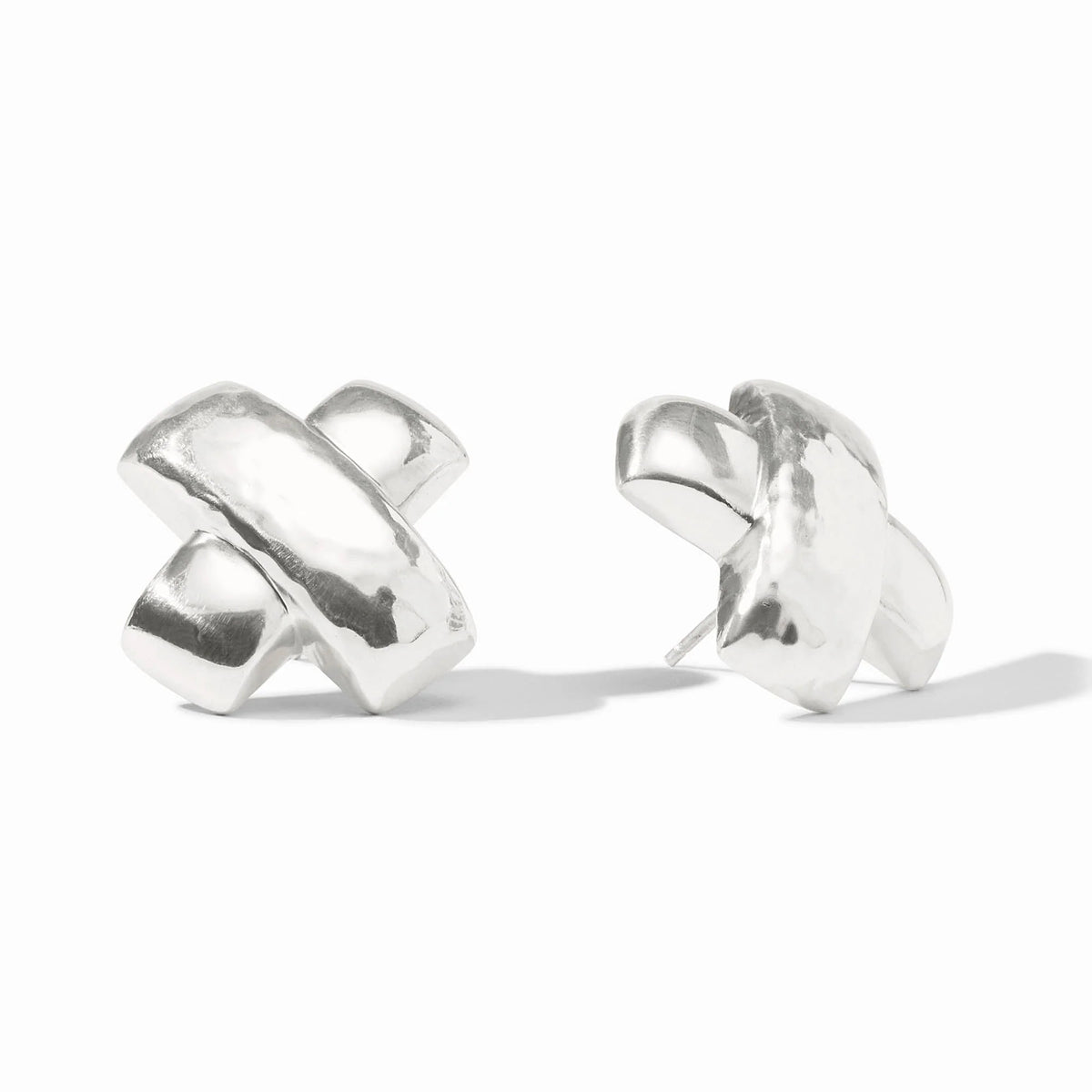 Pair of silver X-shaped stud earrings featuring one hammered bar and one smooth bar.