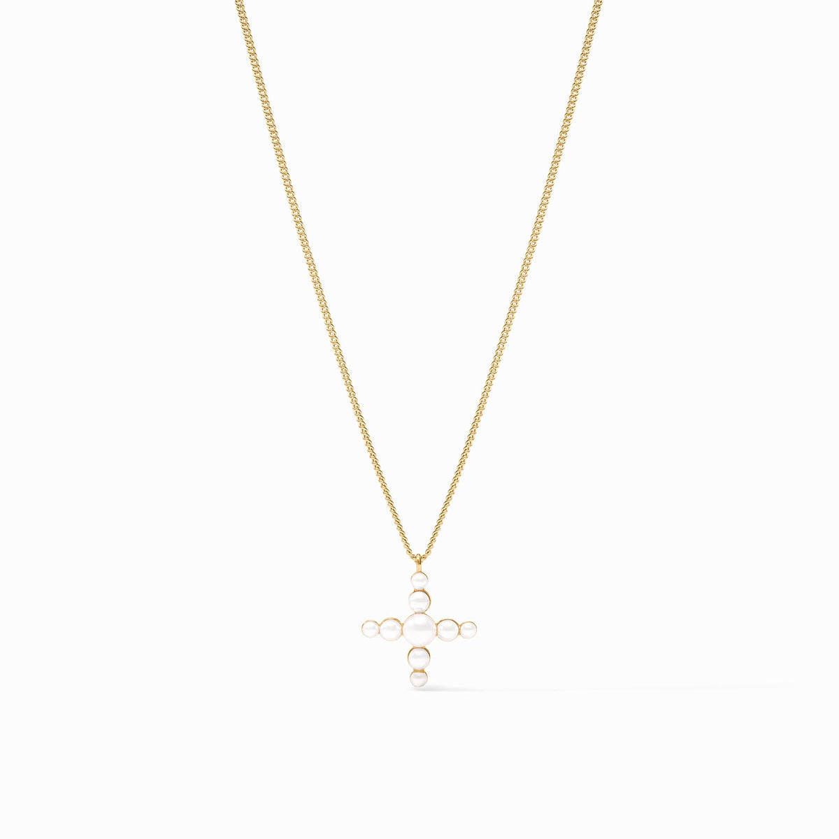 Delicate gold-plated cross necklace with reconstituted gemstone beads on a curb chain.