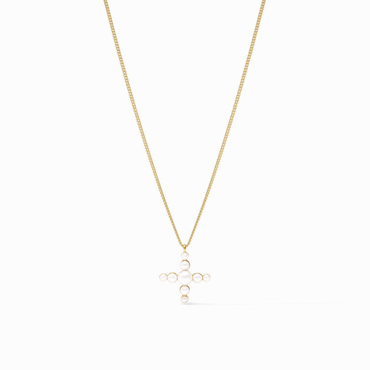 Delicate gold-plated cross necklace with reconstituted gemstone beads on a curb chain.