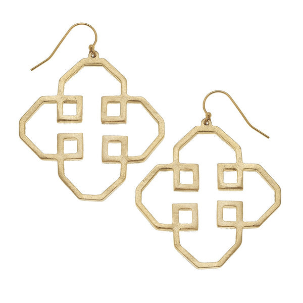Pair of gold filigree cut out earrings with a geometric quatrefoil design and hook backings.