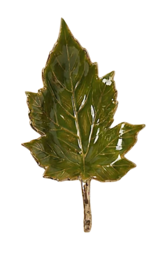 Green leaf-shaped tray with a glossy enamel finish, textured veins, and metallic gold edges.