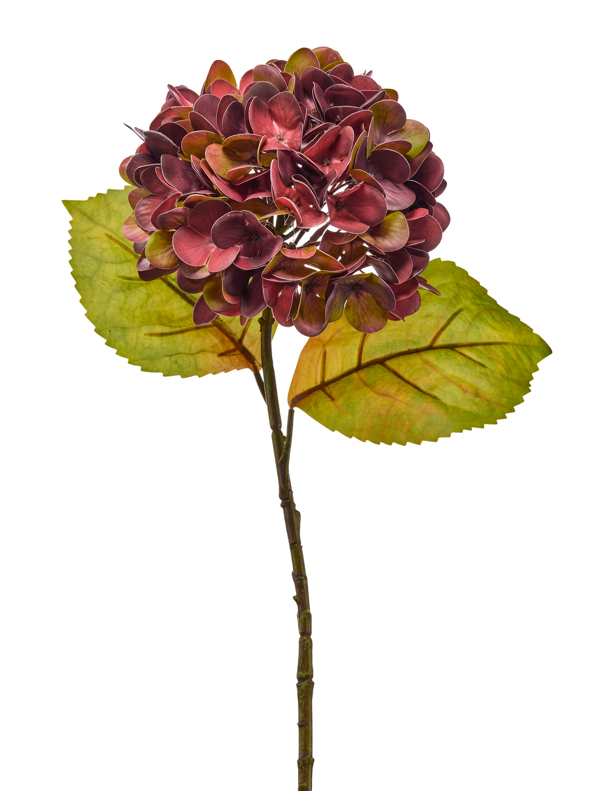 23-inch artificial autumn hydrangea stem with a dark burgundy flower head and two green leaves.