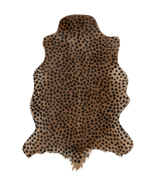 Leopard print goat hide rug with natural irregular shape and brown and black spots.
