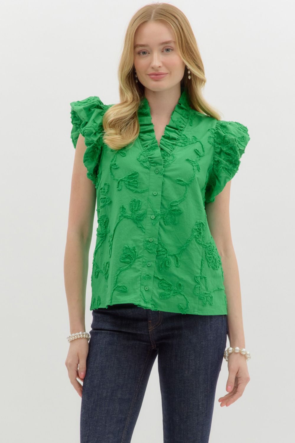 Addison Solid Cotton Floral Appliqué Bubble Flutter Sleeve Top
