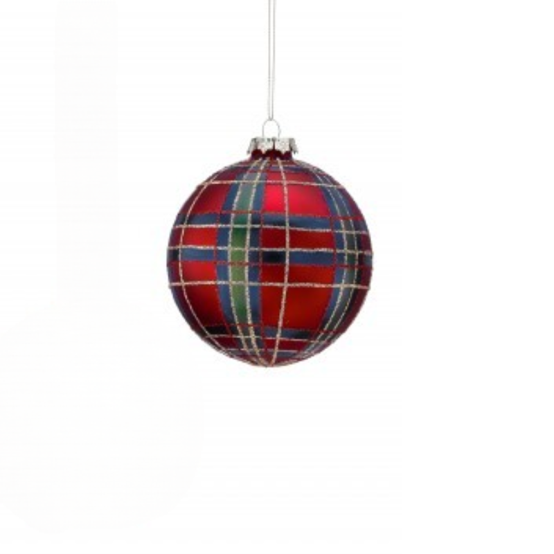4-inch red glass ball ornament with a blue, green, and gold glitter plaid pattern.
