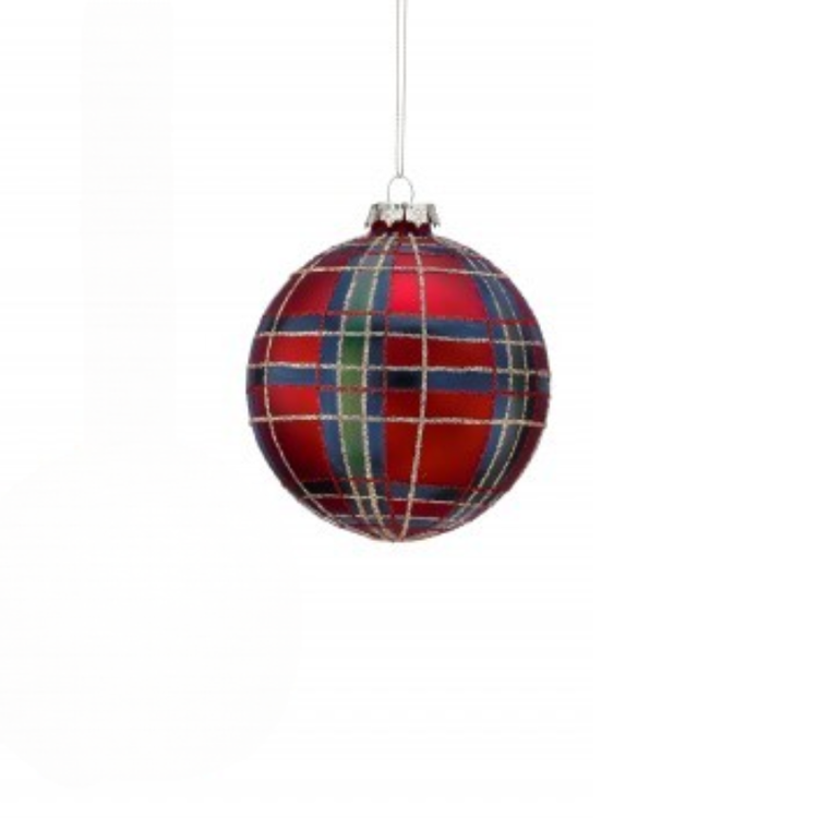 4-inch red glass ball ornament with a blue, green, and gold glitter plaid pattern.