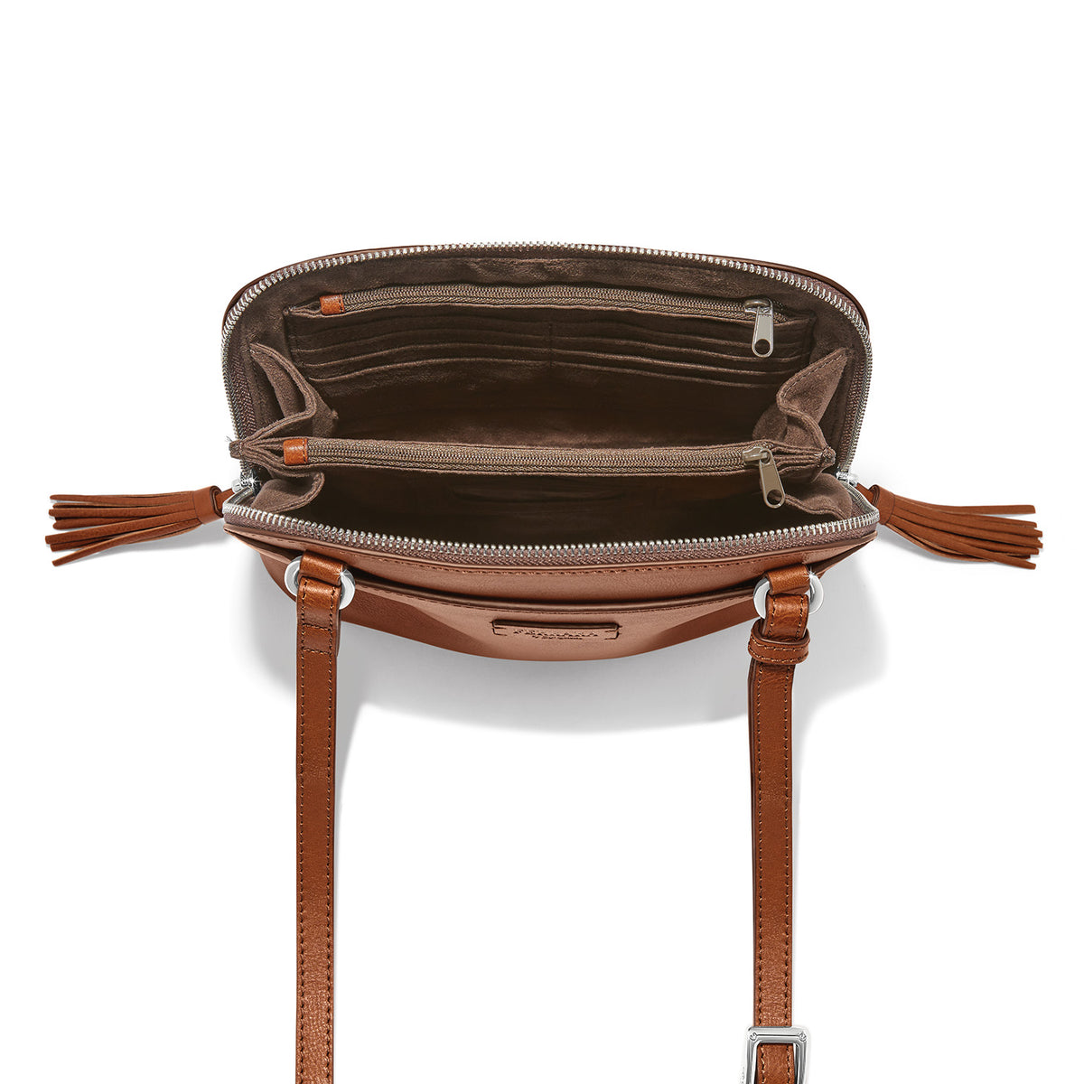 Interior view of the Elma Domed Organizer in Russet leather showing card slots and zip pockets.