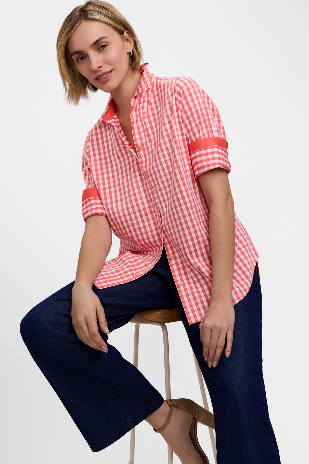 Margie Gingham Stretch Matte Sateen ¾ Sleeve Shirt