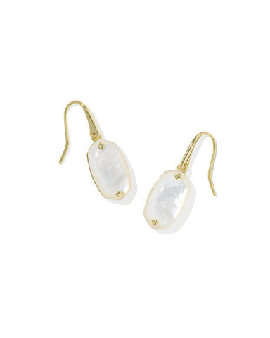 Lee Riveted Drop Earrings with white stones and gold-tone hammered metal hooks.