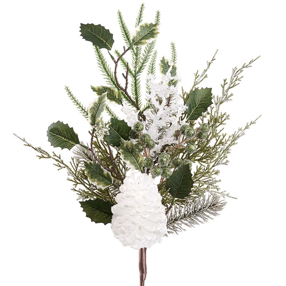 Iced white pine cone pick with green holly leaves, pine needles, and frosted berries.