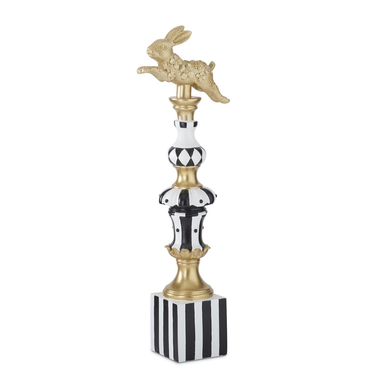 Polyresin prancing Easter bunny finial in gold with black and white accents