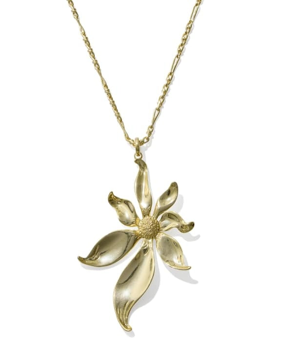 Anya Flower Long Pendant Necklace in 14k yellow gold over brass with a cubic zirconia center.