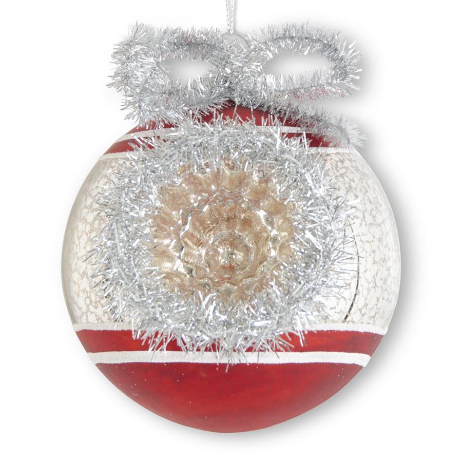 4 inch red and silver mercury glass open front ornament with silver tinsel bow and trim.