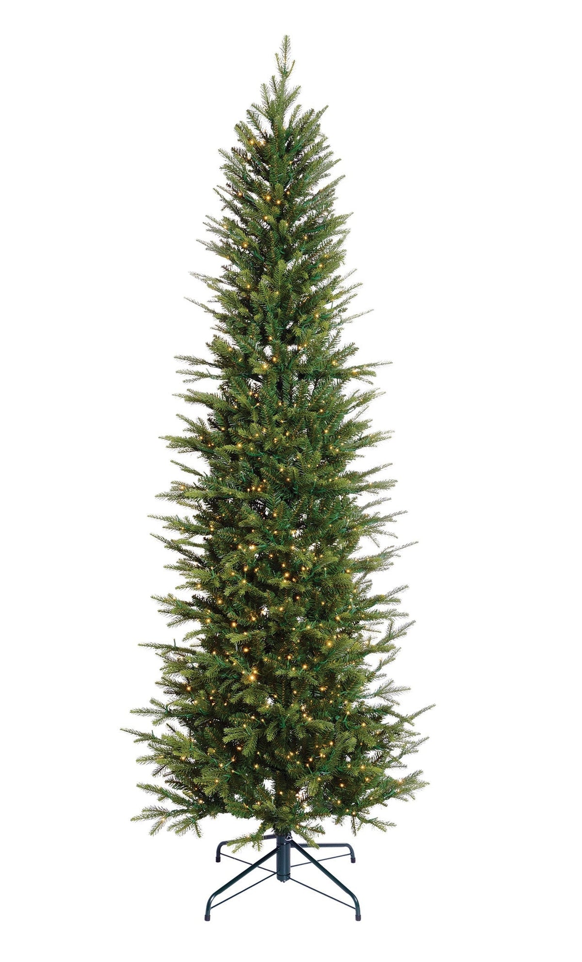 6.5' Pencil King Pine Fir artificial Christmas tree with warm white lights on a metal stand.