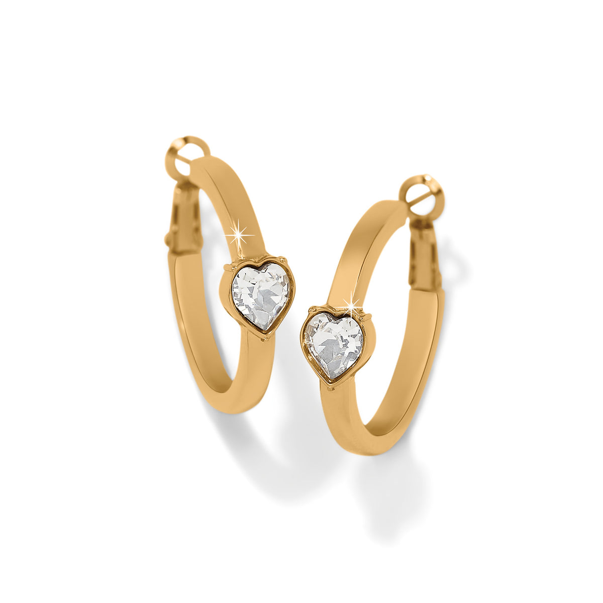 Gold plated hoop earrings with heart-shaped crystals and lever back closures.