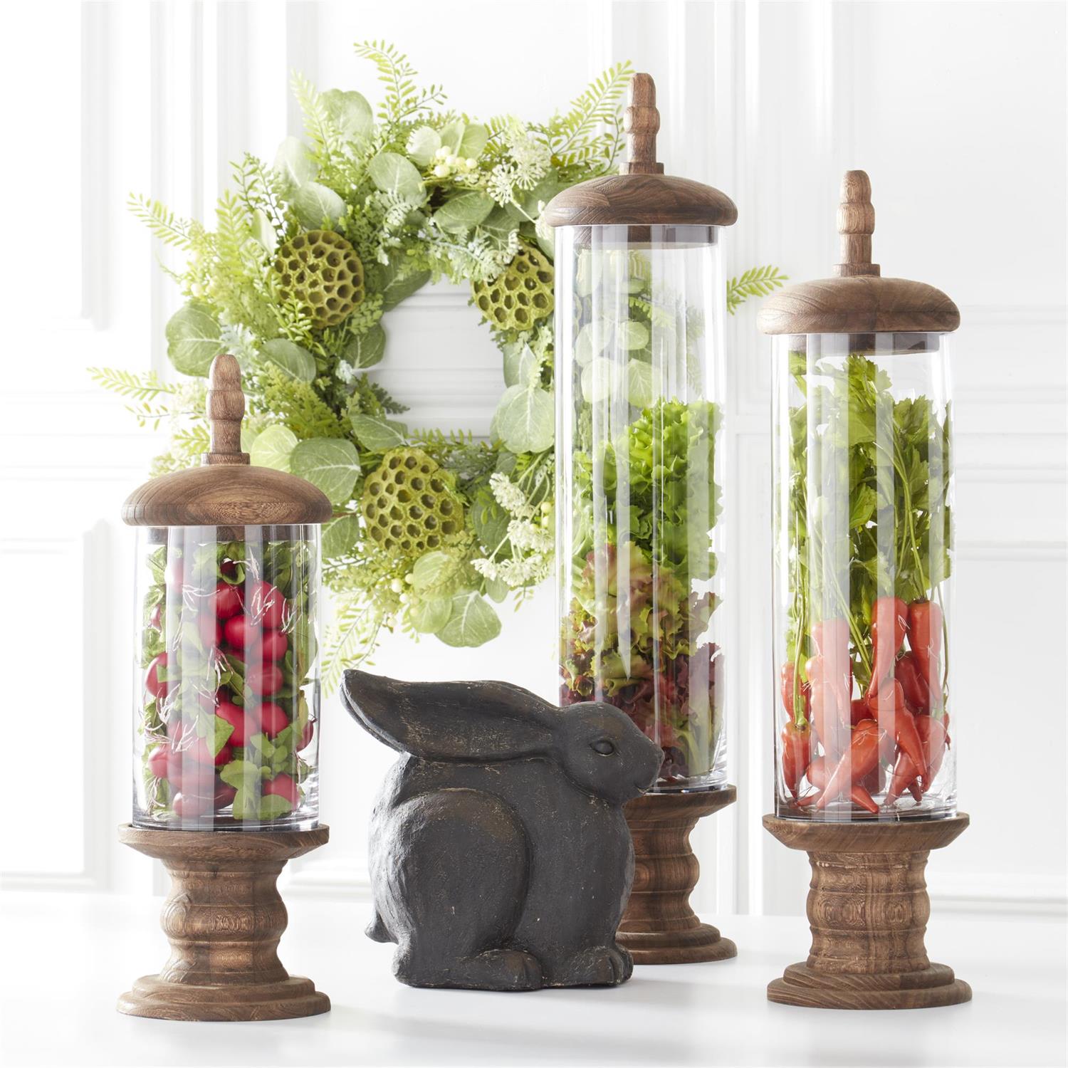 Glass cylinder container with brown paulownia wood pedestal base and top