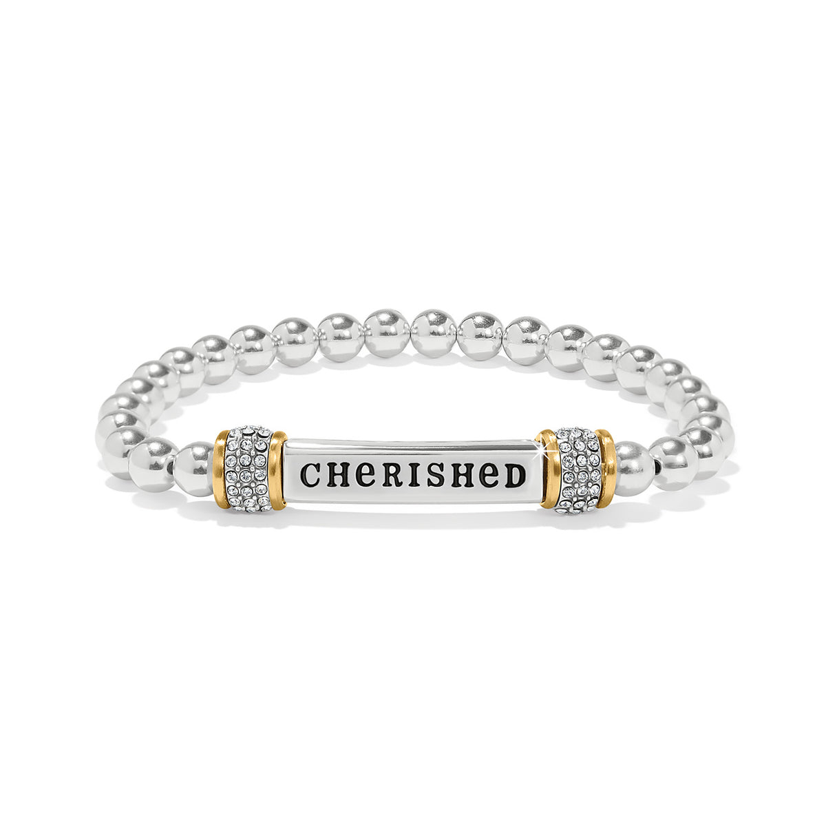 Two-tone silver and gold stretch bracelet featuring fine quality crystals with a simple band silhouette.