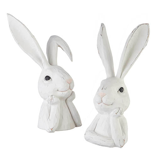 Resin thinking rabbit bust sculpture measuring 8 inches wide by 6.5 inches deep and 15.5 inches tall.
