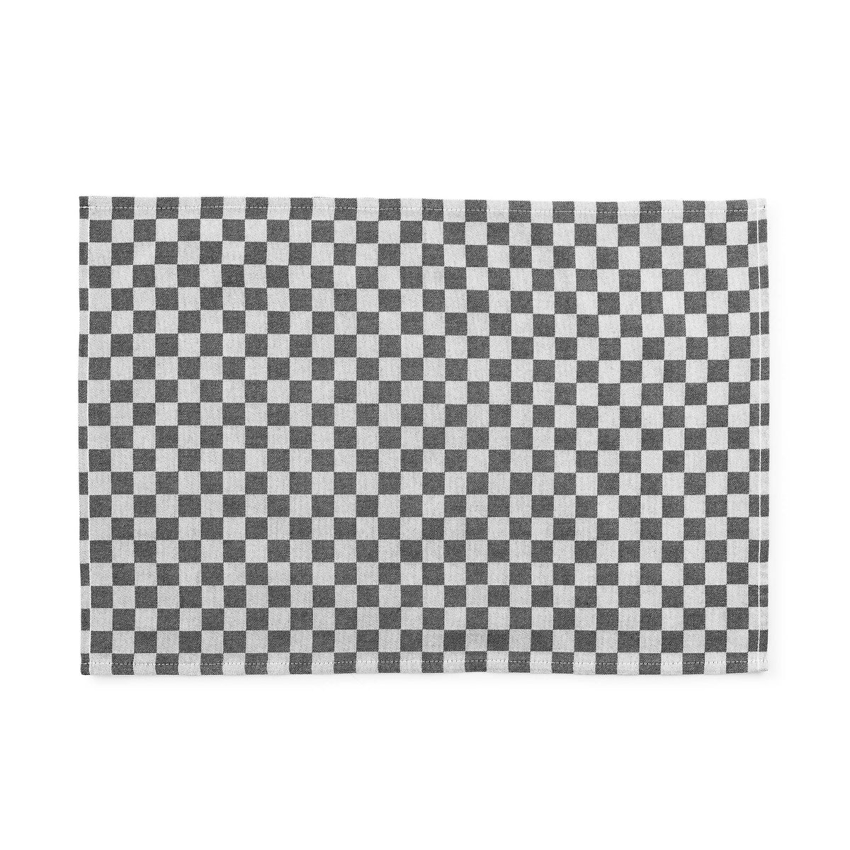Rectangular black and white checkered cotton placemat with stitched edges.