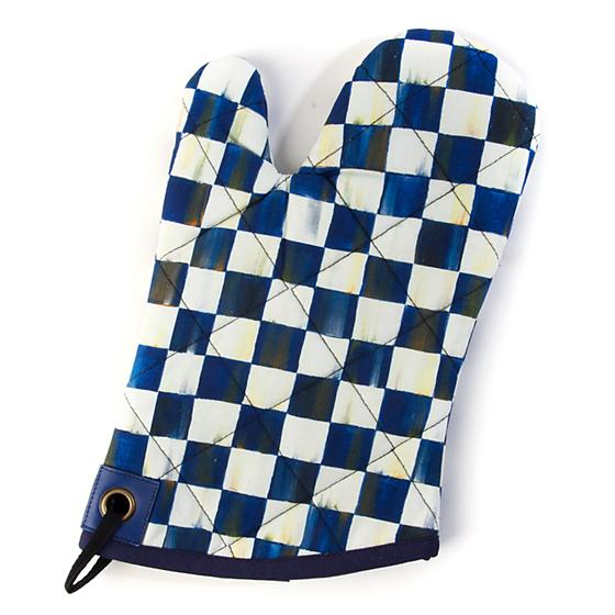 Royal Check bistro oven mitt with red checkered cotton shell, leather tab, and brass grommet.