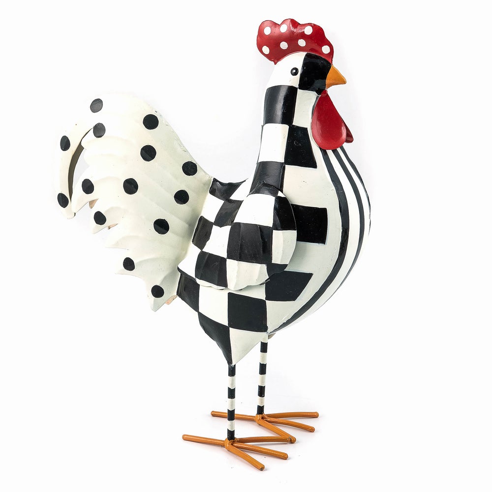 Iron rooster figurine with a checkered dot pattern on its comb and tail feathers.