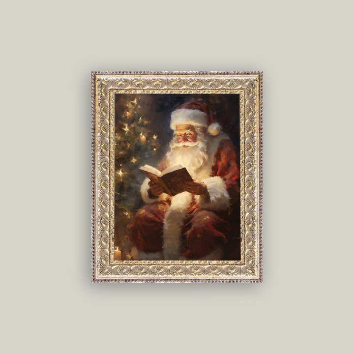Framed antique art print featuring a classic Santa Claus on textured canvas.