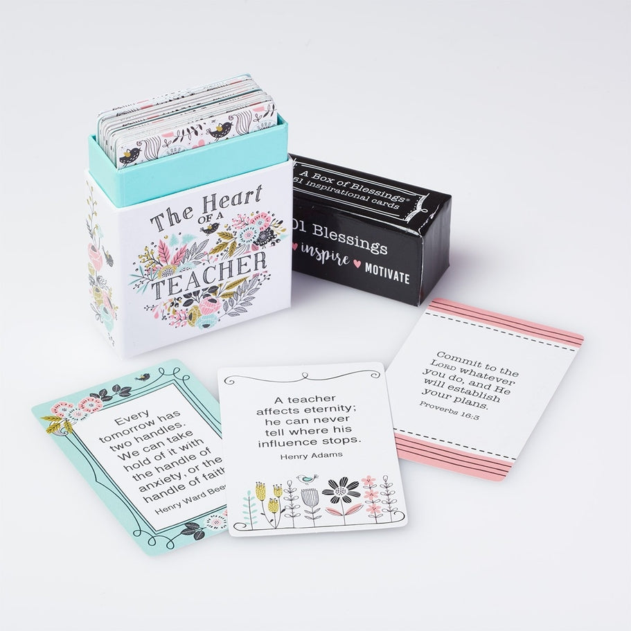 Box of Blessings Heart of a Teacher with 51 double-sided inspirational cards and floral designs.