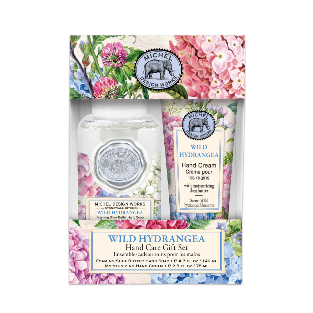 Wild Hydrangea Hand Care Gift Set with foaming shea butter hand soap and moisturizing hand cream.