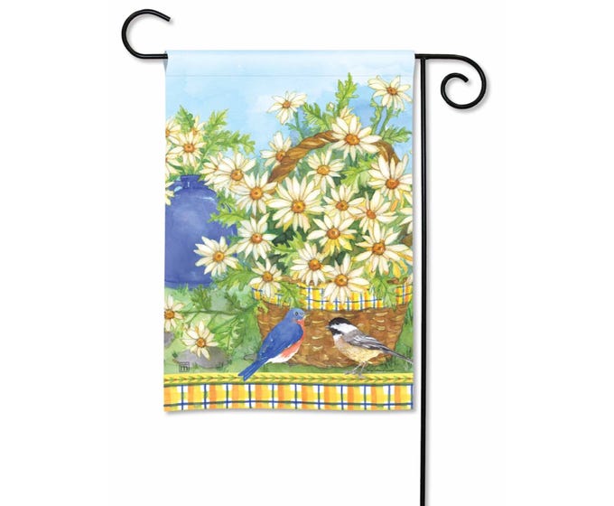 Garden flag with daisies in a basket, a blue bird and a chickadee on a yellow plaid background.