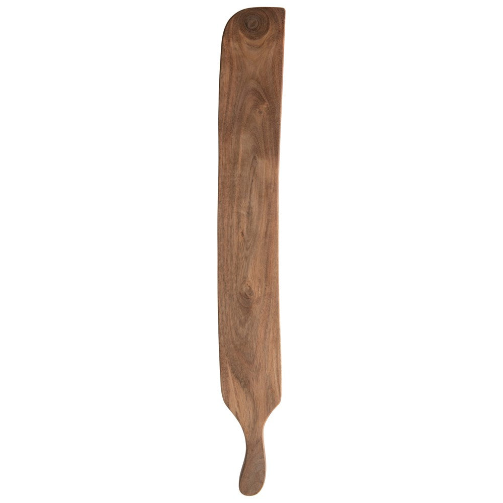 Long, narrow acacia wood board with a natural grain and a small handle at the base.