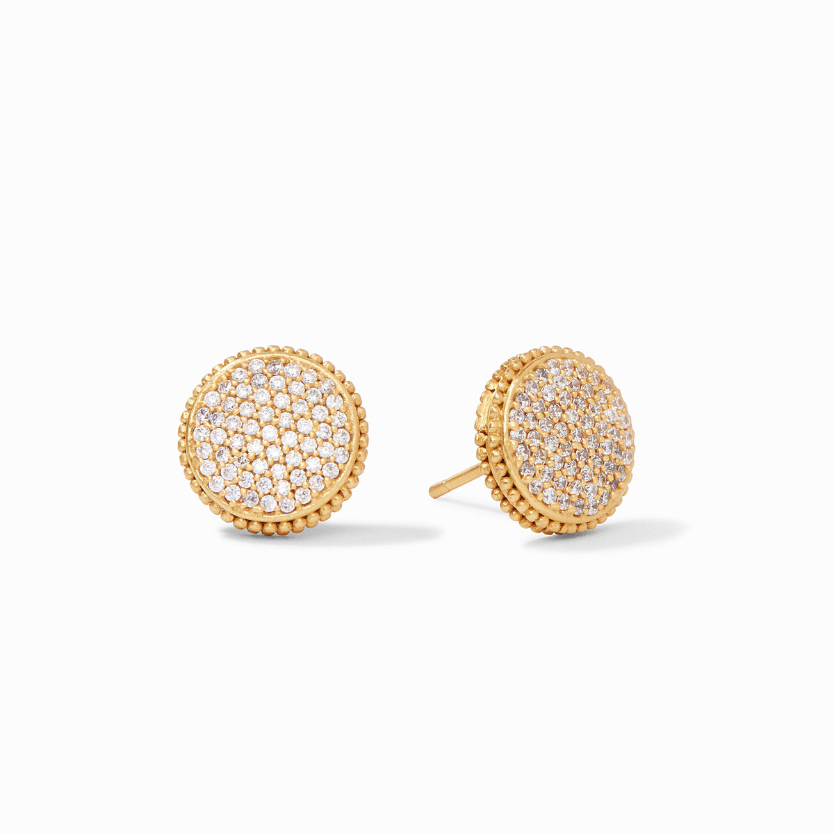 Fleur-De-Lis Stud Gold earrings featuring round 24K gold plate discs with pavé crystal centers.