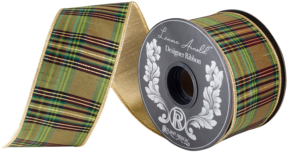 Willow plaid metallic wired edge ribbon on a spool with a gold dupioni backing.