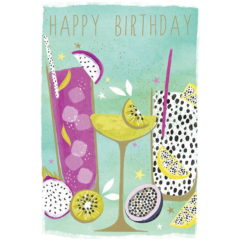 Birthday Fruity Drinks foil balloon with 'Happy Birthday' outside text and a toast message inside.