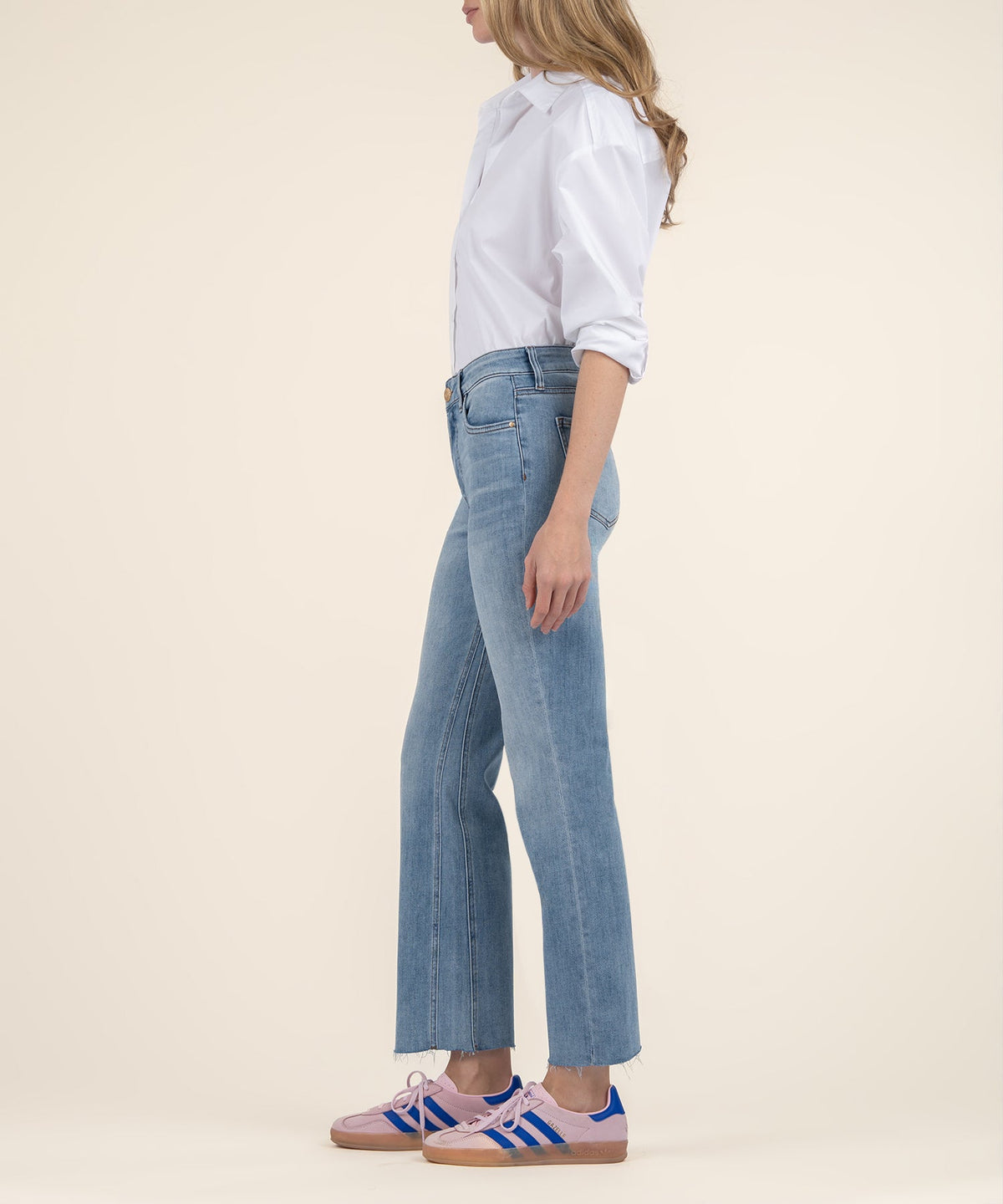 Kelsey high-rise flare jeans in dark wash denim with ankle opening