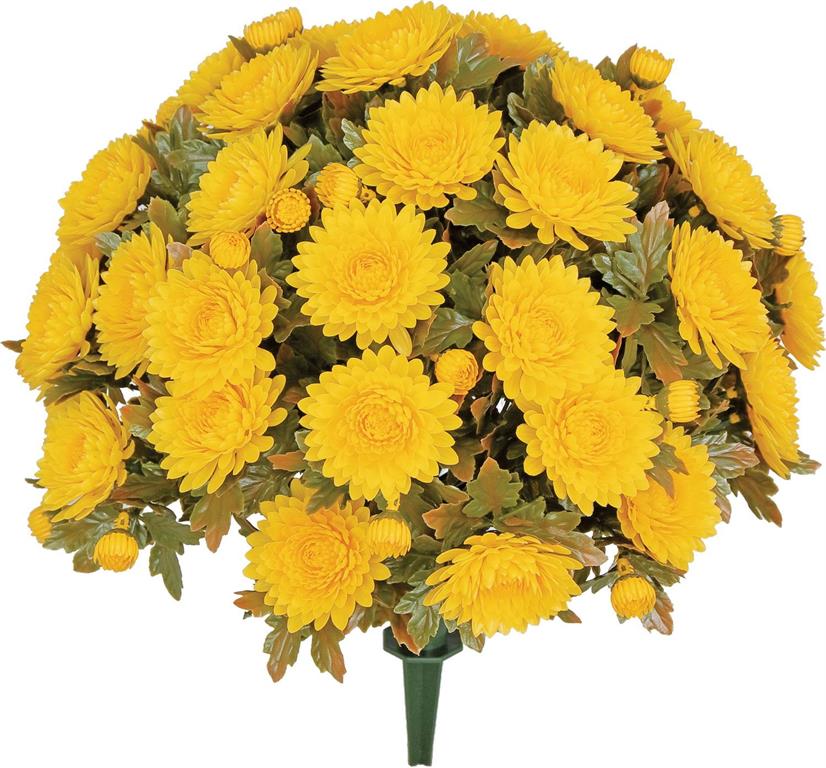 16.53-inch UV-proof yellow mum bush stake with dense artificial flowers and green leaves.