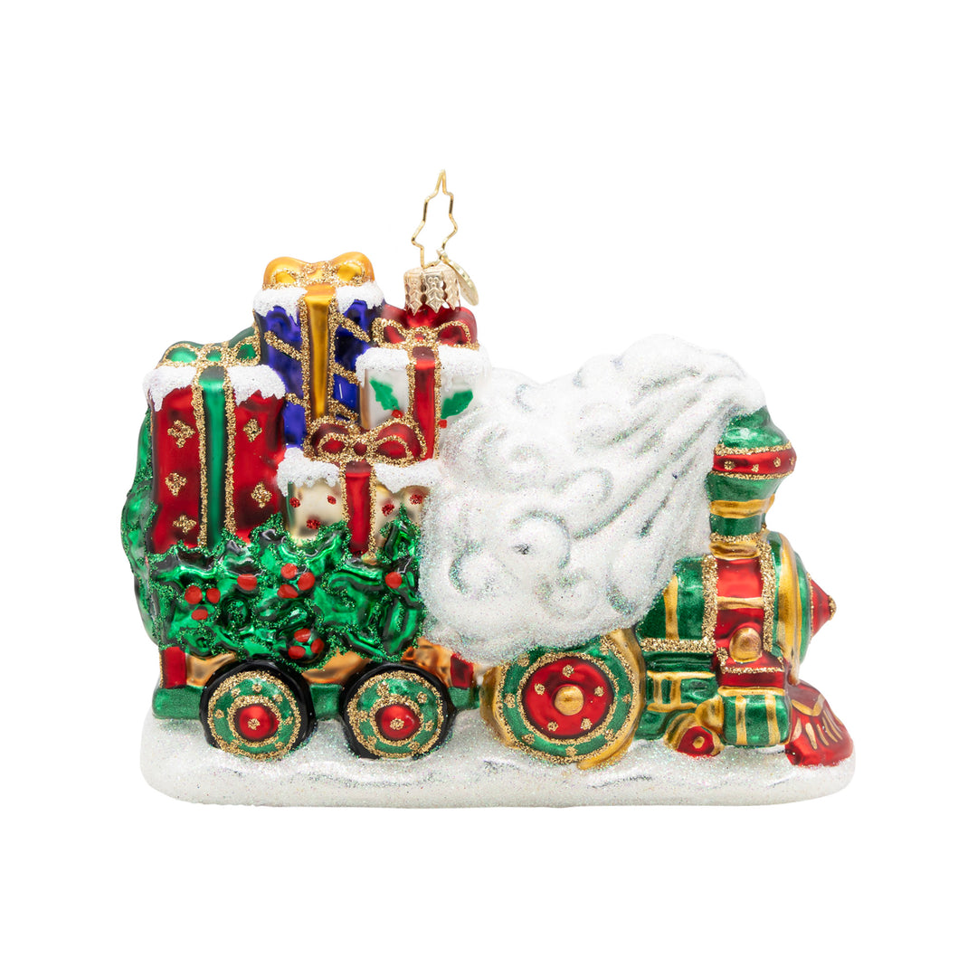 Yuletide Express glass Christmas ornament featuring a festive train loaded with colorful gifts.