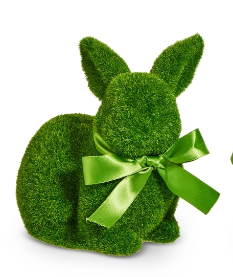 A 5-inch green moss-covered rabbit figurine with a matching green satin bow around its neck.