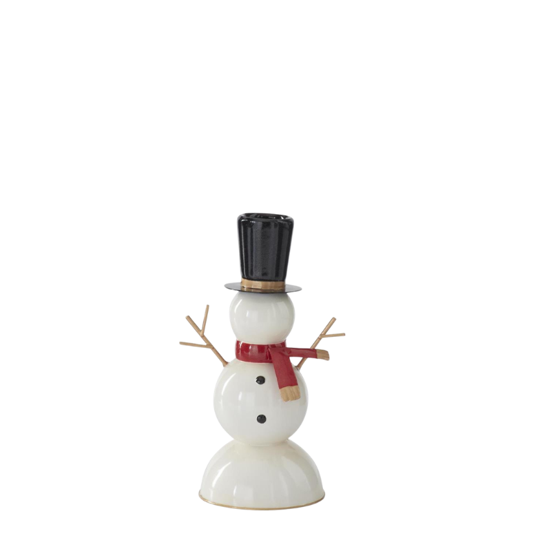 Metal snowman taper candleholder with a black top hat, red scarf, and twig-like arms.