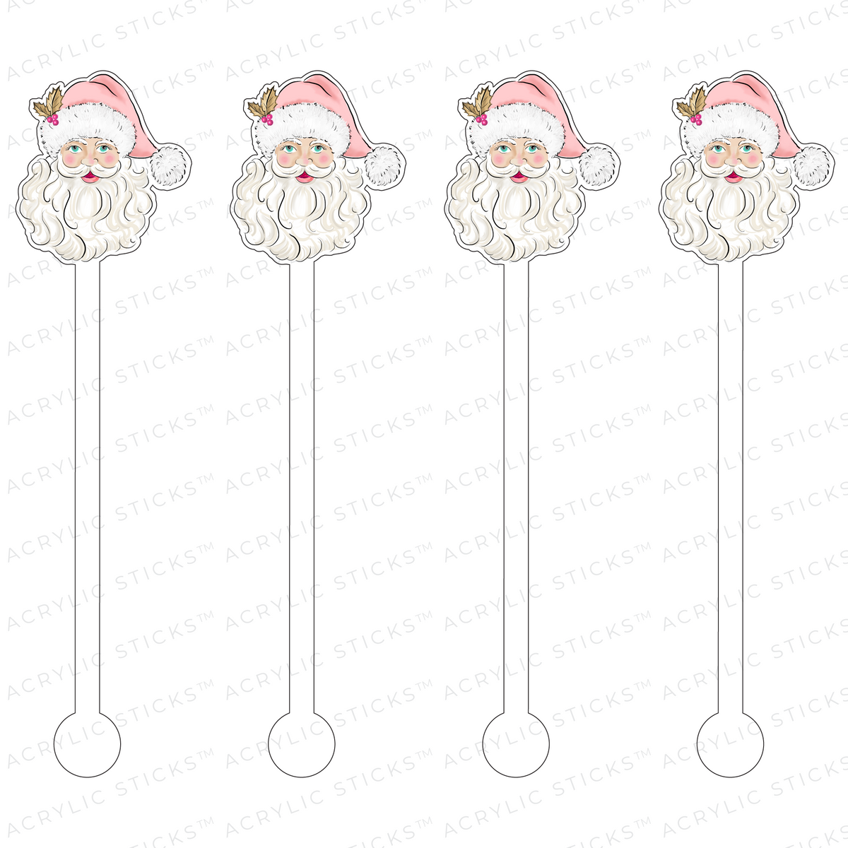 Set of four pretty pink acrylic stir sticks with Santa Claus designs