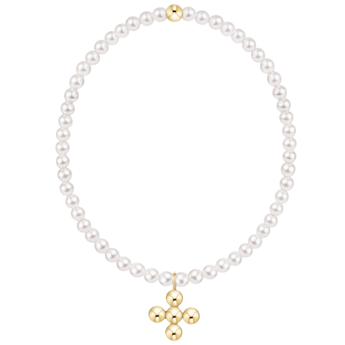 Classic Pearl bracelet featuring 3mm crystal pearls with a signature 4mm gold-filled cross charm on elastic cord.