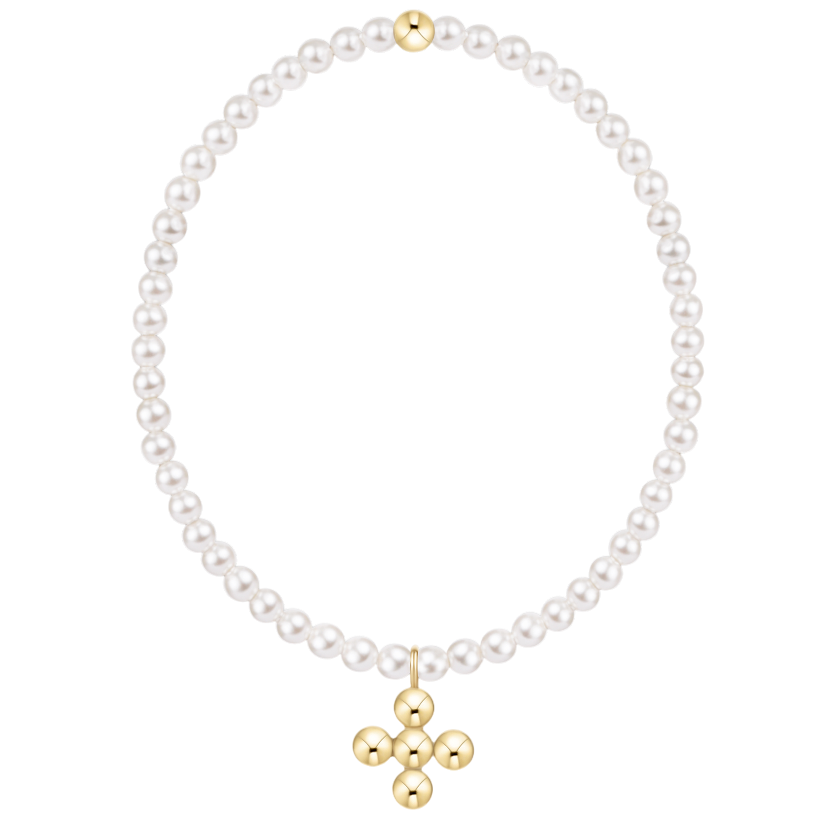 Classic Pearl bracelet featuring 3mm crystal pearls with a signature 4mm gold-filled cross charm on elastic cord.