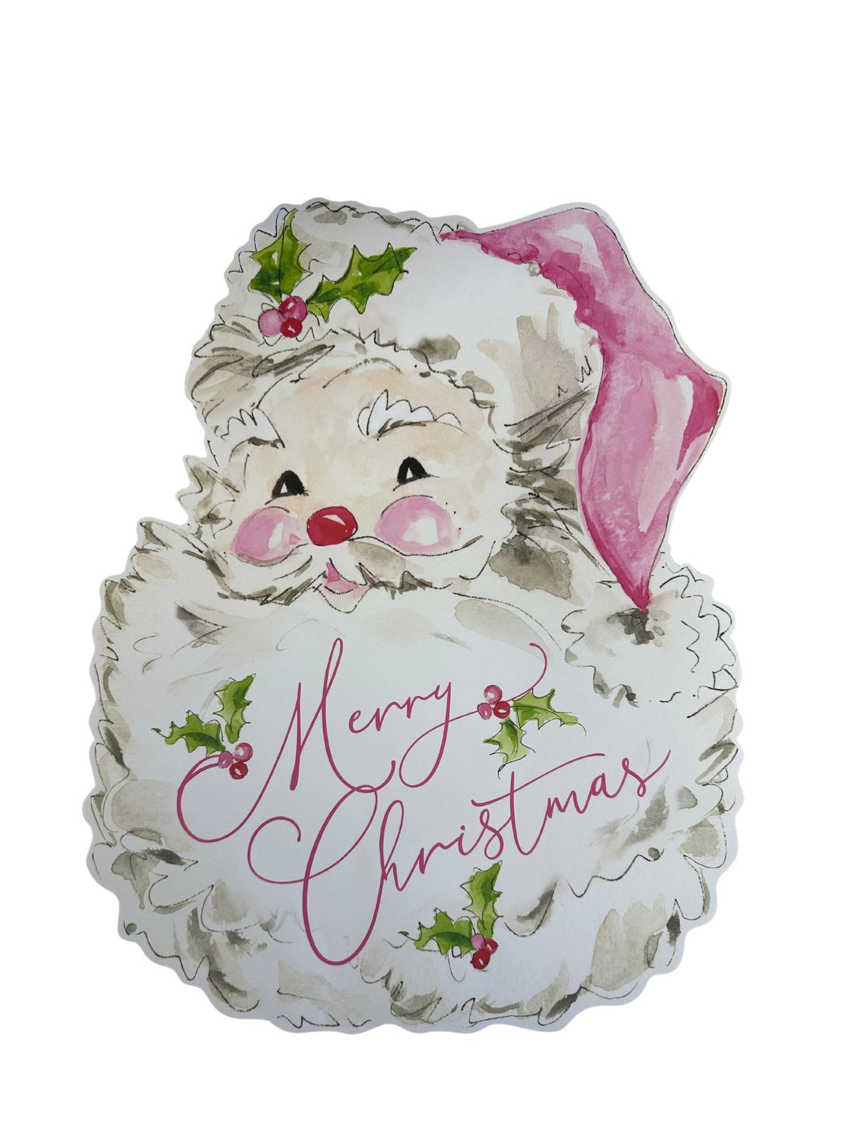 Die-cut paper placemat shaped like a watercolor Santa Claus with Merry Christmas text.