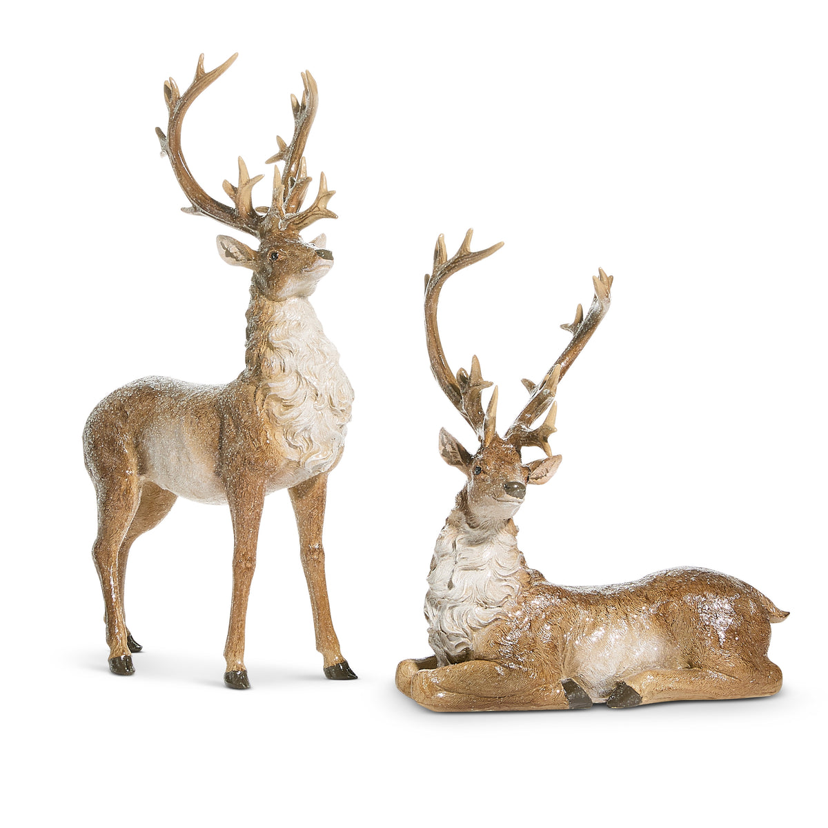 Two rustic resin deer figurines, one standing and one sitting, with natural brown and white finish.