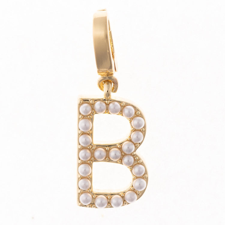18k gold plated letter B charm with pearl inlay and a clasp for attachment.