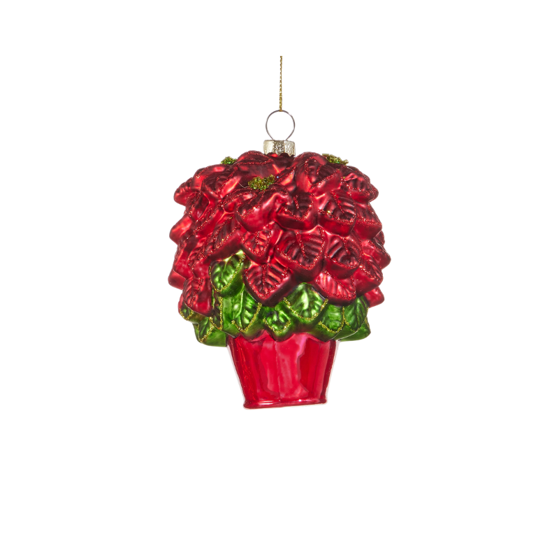 4-inch glass poinsettia ornament featuring red petals and green leaves in a red pot.